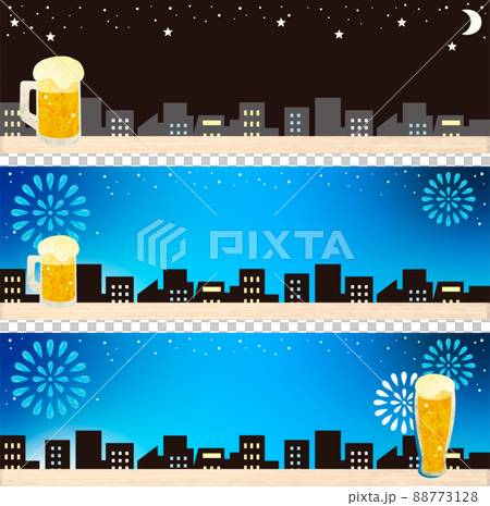 Banner frame summer festival fireworks beer night view silhouette watercolor copy space background illustration 88773128