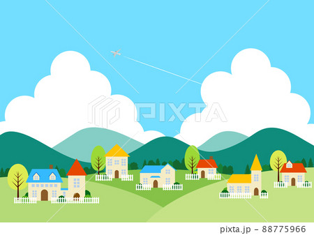 夏のモダンな里山背景ヨコのイラスト素材