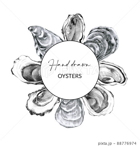 Round frame with hand drawn oysters Round frame with hand drawn oysters 88776974