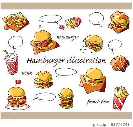ハンバーガーの手描きイラストセットのイラスト素材 [88777743] - PIXTA