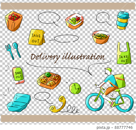 デリバリーとテイクアウトの手描きイラストセット 88777746