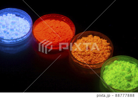 Fluorescent organic materials powder of red, yellow, green color for production OLED inside of glasses bottles in UV light. 88777888