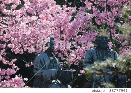 〔福井県越前市・万葉の里味真野苑・4月〕継体大王と照日の前の花がたみ像 〔福井県越前市・万葉の里味真野苑・4月〕継体大王と照日の前の花がたみ像 88777941