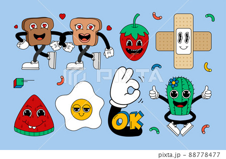 Retro cartoon stickers with funny comic characters, gloved hands. Contemporary illustration with cute comic book characters. Doodle Comic characters. Cartoon style. 88778477