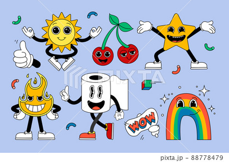 Retro cartoon stickers with funny comic characters, gloved hands. Contemporary illustration with cute comic book characters. Doodle Comic characters. Cartoon style. Retro cartoon stickers with funny comic characters, gloved hands. Contemporary illustration with cute comic book characters. Doodle Comic characters. Cartoon style. 88778479