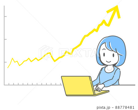 パソコンで投資信託の右肩上がりのチャートを見て微笑む若い女性 88778481