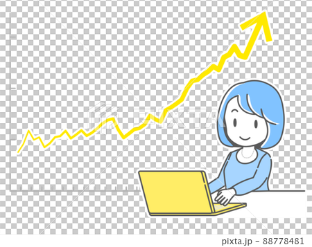 パソコンで投資信託の右肩上がりのチャートを見て微笑む若い女性 88778481