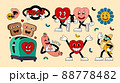 Retro cartoon stickers with funny comic characters, gloved hands. Contemporary illustration of comic hearts, sausage, toaster, banana, flower, kiss lips, toasts, hugs, love 88778482