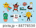 Retro cartoon stickers with funny comic characters, gloved hands. Contemporary illustration of comic star, light bulb, happy dynamite, boom, toilet paper, cactus, and gloved hand with thumbs up 88778530