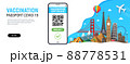 Banner with popular world landmarks and International Digital vaccine certificate for free movement and travel. Smartphone with Qr code test result. Covid-19 immune passport app. 88778531