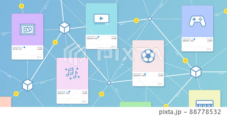 NFT cards with crypto objects of art, sports, music, video, games items on sale and blockchain in the background. Online NFT collectibles market 88778532
