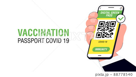 Covid-19 immune passport app. International Digital vaccine certificate for free movement and travel. Smartphone with Qr code test result in hand 88778540