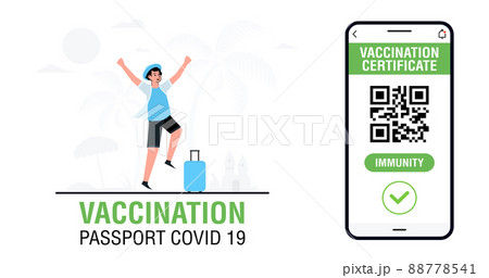 Banner with International Digital vaccine certificate for free movement and travel. Smartphone with Qr code test result. Covid-19 immune passport app. 88778541
