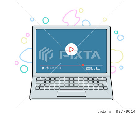 ノートパソコンで動画を再生するコンセプトイラスト. オンライン教材や動画サイトなどの視聴. 88779014