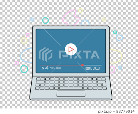 ノートパソコンで動画を再生するコンセプトイラスト. オンライン教材や動画サイトなどの視聴. 88779014