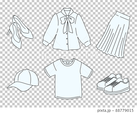 ファッションアイテムのシンプルな線画イラスト. 白背景にベクターイラスト. ウィメンズ, メンズ. 88779015