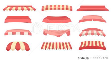 Store awnings. Restaurant tent, shop canopy with red stripes and market roof vector set Store awnings. Restaurant tent, shop canopy with red stripes and market roof vector set 88779326