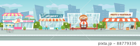 Street shops. Market street around town road, city downtown with local shop buildings vector illustration 88779336