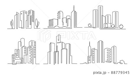 One line city. Skyscraper buildings, linear town cityscape and modern downtown or business district vector illustration set 88779345