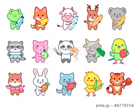 Kawaii animals hold food. Cute zoo character with tasty food products, animal mascot for foodstuffs vector Illustration set Kawaii animals hold food. Cute zoo character with tasty food products, animal mascot for foodstuffs vector Illustration set 88779358