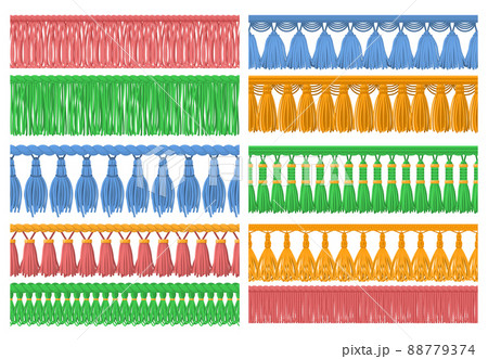 Seamless fabric fringe. Ruffle seam trim, tassel border ruffles and garment decorative ornament vector set Seamless fabric fringe. Ruffle seam trim, tassel border ruffles and garment decorative ornament vector set 88779374