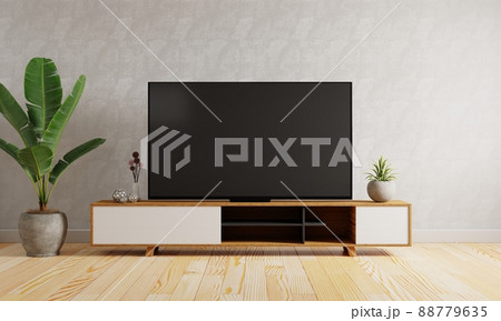 Television on cupboard on the middle of modern living room background. Interior and Architecture concept. 3D illustration rendering 88779635