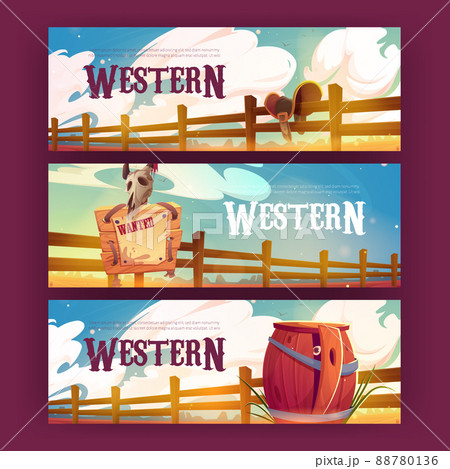Western cartoon banners, wild west background set 88780136