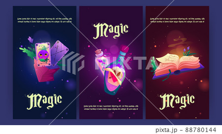 Cartoon magic posters with witch magician stuff 88780144