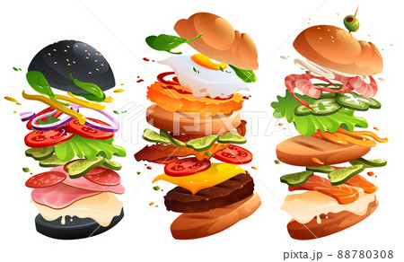 Burgers or hamburgers fly motion separated layers Burgers or hamburgers fly motion separated layers 88780308