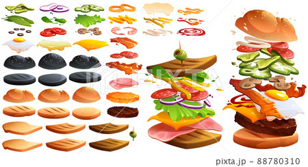 Flying burger and sandwich and ingredients Flying burger and sandwich and ingredients 88780310