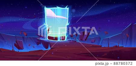 Magic portal on mountain cliff with flying rocks Magic portal on mountain cliff with flying rocks 88780372