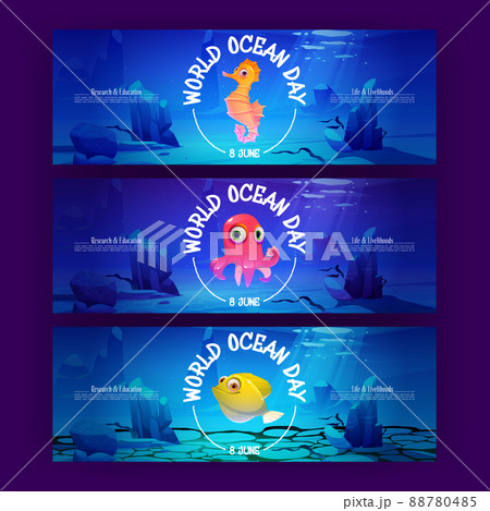 World ocean day posters with fish and octopus 88780485