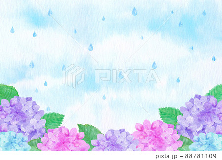 イラスト素材 水彩絵の具で手描きした6月の梅雨時期に咲く花 紫陽花 アジサイ 雨の降る風景のイラスト素材