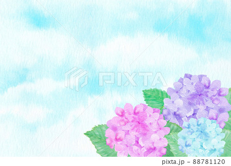 イラスト素材 水彩絵の具で描いたかわいい紫陽花の横位置の背景 青空の右奥に配置 紫 ピンク 水色 のイラスト素材 7811