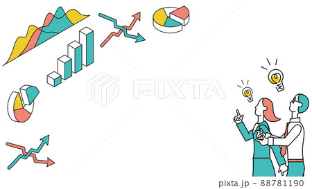 円グラフや棒グラフを表したシンプルなインフォグラフィックと男女の人物のイラスト素材