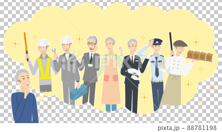 Occupational set of senior men thinking about work after retirement Occupational set of senior men thinking about work after retirement 88781198