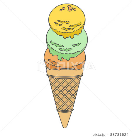 手描き風に描かれた三段重ねのアイスクリームのイラストのイラスト素材