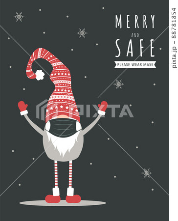 Christmas gnome wearing a protective face mask against coronavirus. New year greeting card with quote Merry and Safe. Christmas gnome wearing a protective face mask against coronavirus. New year greeting card with quote Merry and Safe. 88781854