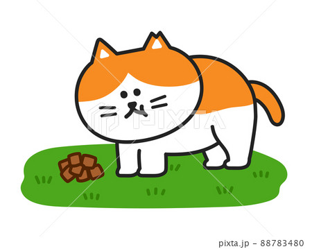 地面に直接置いたキャットフードを食べる野良猫 イラストのイラスト