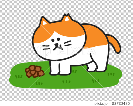 地面に直接置いたキャットフードを食べる野良猫 イラストのイラスト
