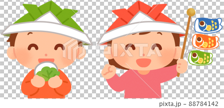 柏餅を食べる男の子と鯉のぼりを持つ女の子 88784142