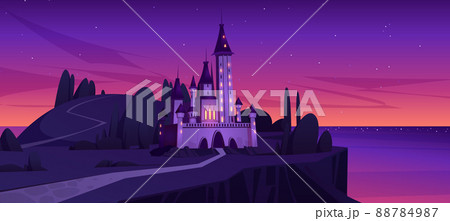 Medieval castle on island in sea after sunset 88784987