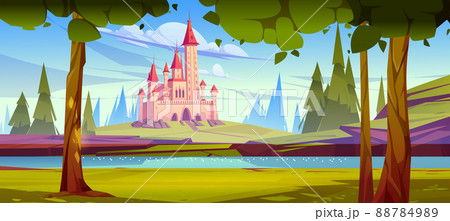 Pink magic castle on green hill at river coast 88784989