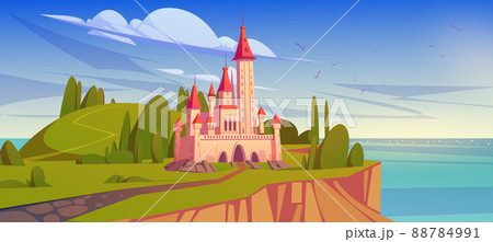 Fairy tale castle on island in sea 88784991