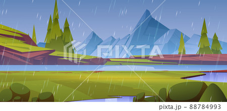 Mountains pond or lake at rain, nature landscape 88784993