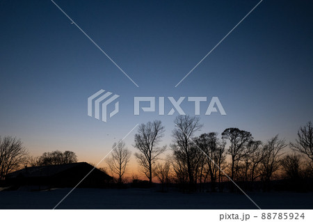 春の夕日の北海道宮島沼 88785924