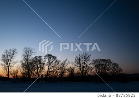 春の夕日の北海道宮島沼 88785925