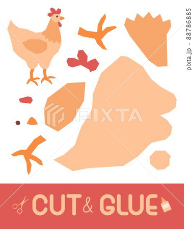 Cute cartoon beige chicken with a red crest and orange legs. Side view of a hen. Education paper game for children. Use scissors and glue to create the image. Vector illustration. Cute cartoon beige chicken with a red crest and orange legs. Side view of a hen. Education paper game for children. Use scissors and glue to create the image. Vector illustration. 88786885