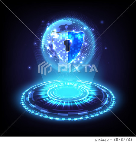 Abstract holographic background. Futuristic glowing HUD of hologram padlock with keyhole-shield icon in personal data security. Cyber globe and safety data or information privacy Abstract holographic background. Futuristic glowing HUD of hologram padlock with keyhole-shield icon in personal data security. Cyber globe and safety data or information privacy 88787733