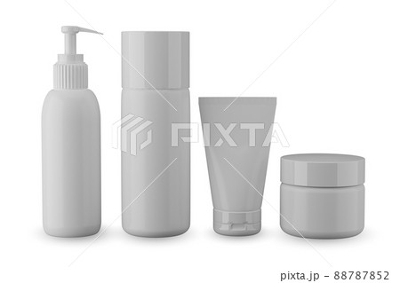Cosmetic tube set. 3D cream tubes in white color. Plastic gel package white cap. Face skincare lotion container template. Realistic beauty makeup product. 88787852